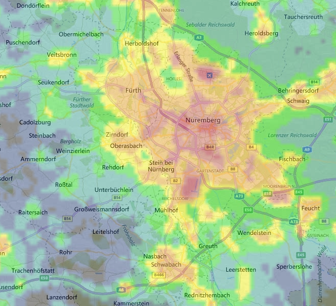 Light pollution map von Nürnberg und Umgebung